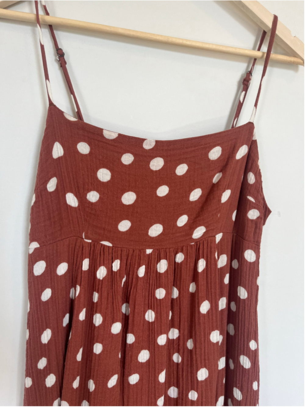 Polka Dot Maxi Dress Rust Brown White Empire Waist Gauzy Cotton Sleeveless - Picture 9 of 9